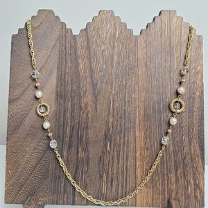 Vintage 40" Long Gold Tone Faux Pearl & Bead Station Rope Chain Necklace